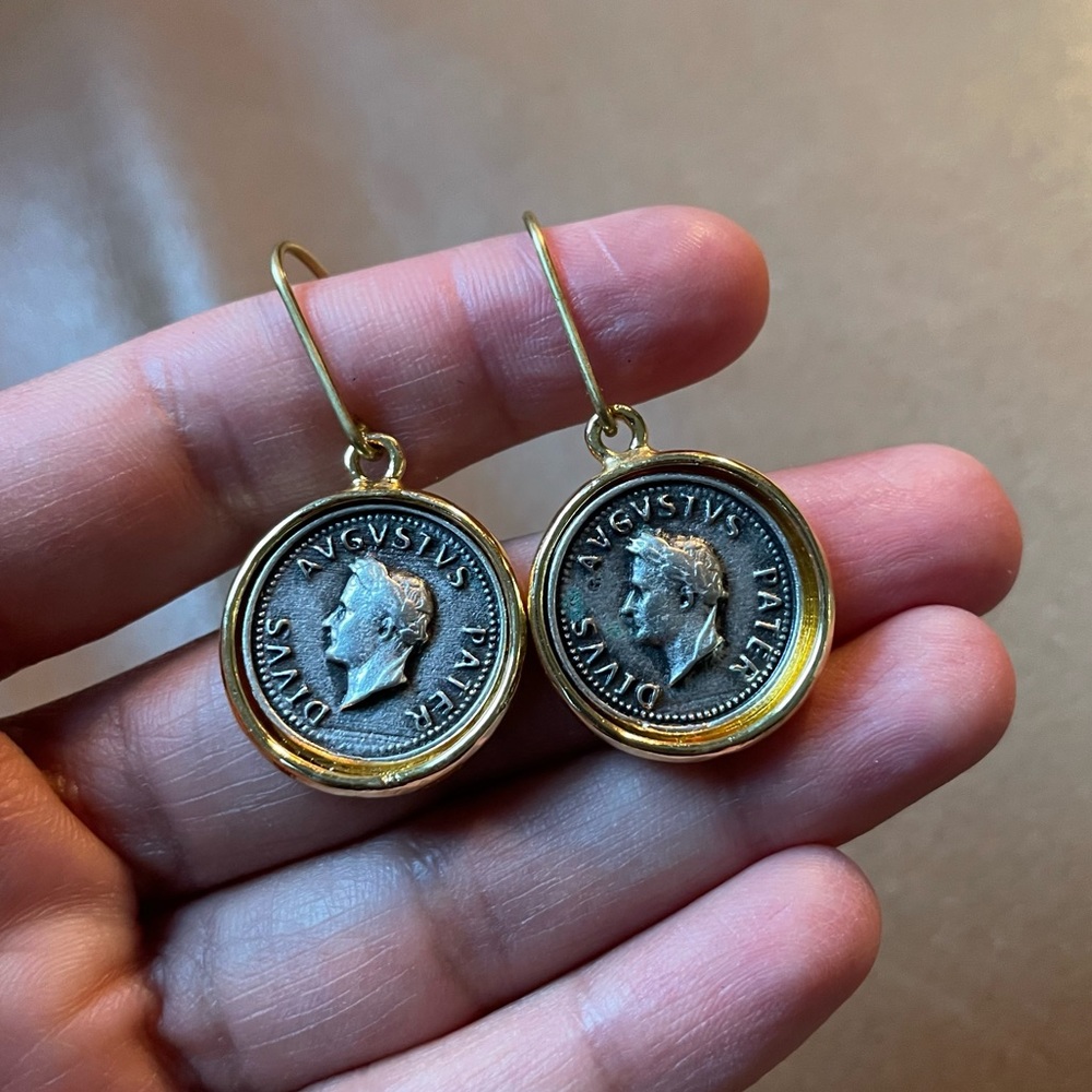 Gold & silver plated Coin charm pendant earrings antique Roman coin vintage